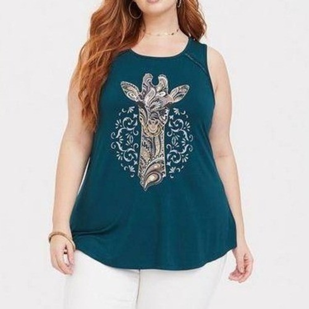 Torrid Super Soft Knits Teal Giraffe Paisley Graphic Tank Top Size 1 Plus 1X